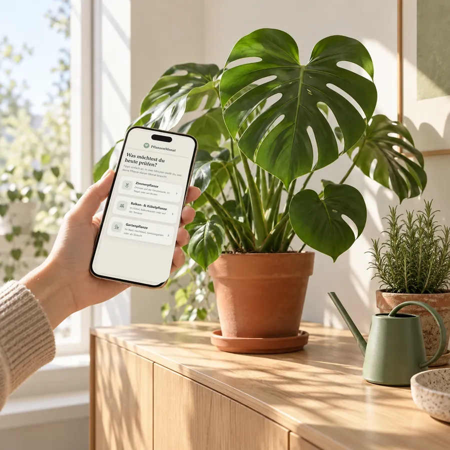 Hand hält ein Smartphone mit der PflanzenMonat-App vor einer Monstera im Terrakotta-Topf