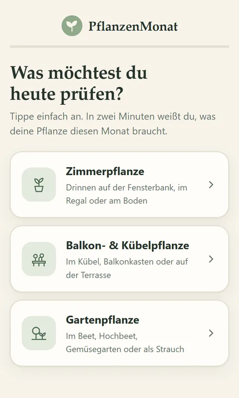 PflanzenMonat-App: Auswahl Zimmer-, Balkon- oder Gartenpflanze